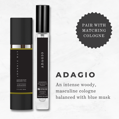 Johnnie Ray Adagio Beard Oil and travel size cologne with text "ADAGIO: An intense, woody, masculine cologne balanced with blue musk; and Pair with Matching Cologne"