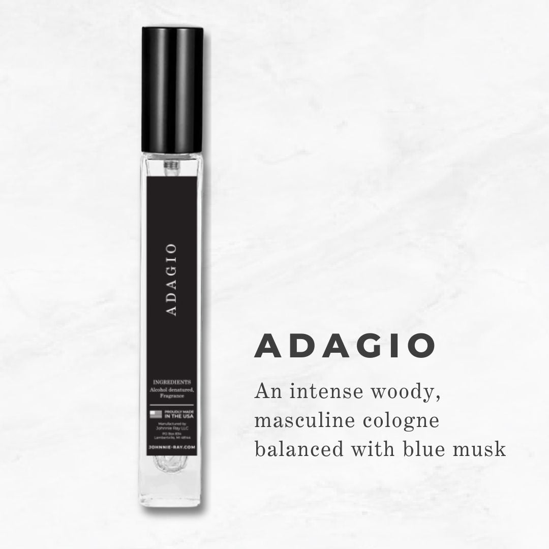 Adagio: An intense, woody, masculine cologne balanced with blue musk.