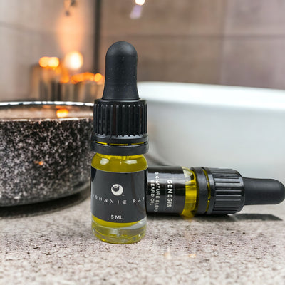 Johnnie Ray Signature Blend Beard Oil in a trial size dropper top bottles on a bathroom counter. 