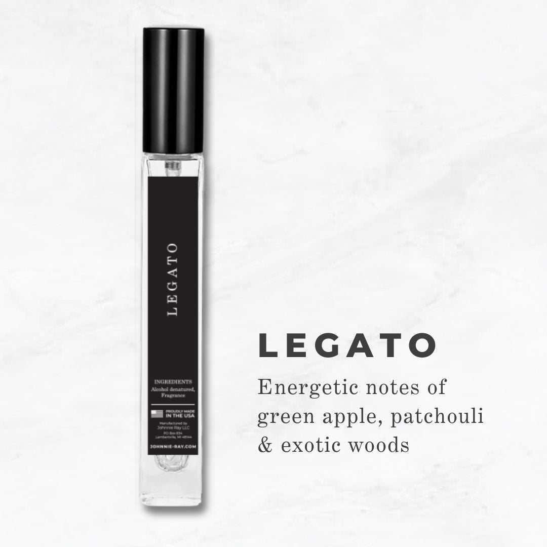 Legato: An energetic fragrance of green apple, patchouli, and exotic woods.