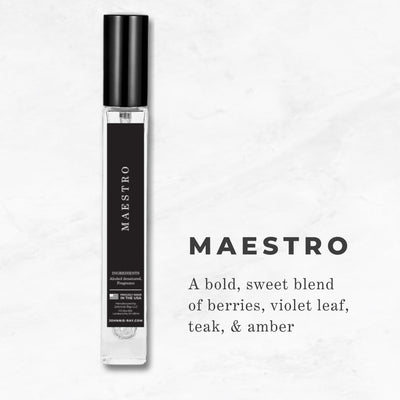 Maestro: A bold, sweet blend of berries, violet leaf, teak, and amber.