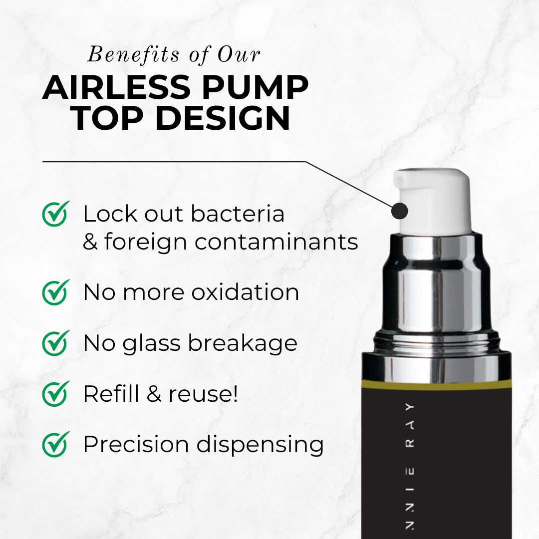 Johnnie Ray airless pump top close up with benefits statements "Lock out bacteria and foreign contaminants. No more oxidation. No glass breakage. Refill and reuse. Precision dispensing."
