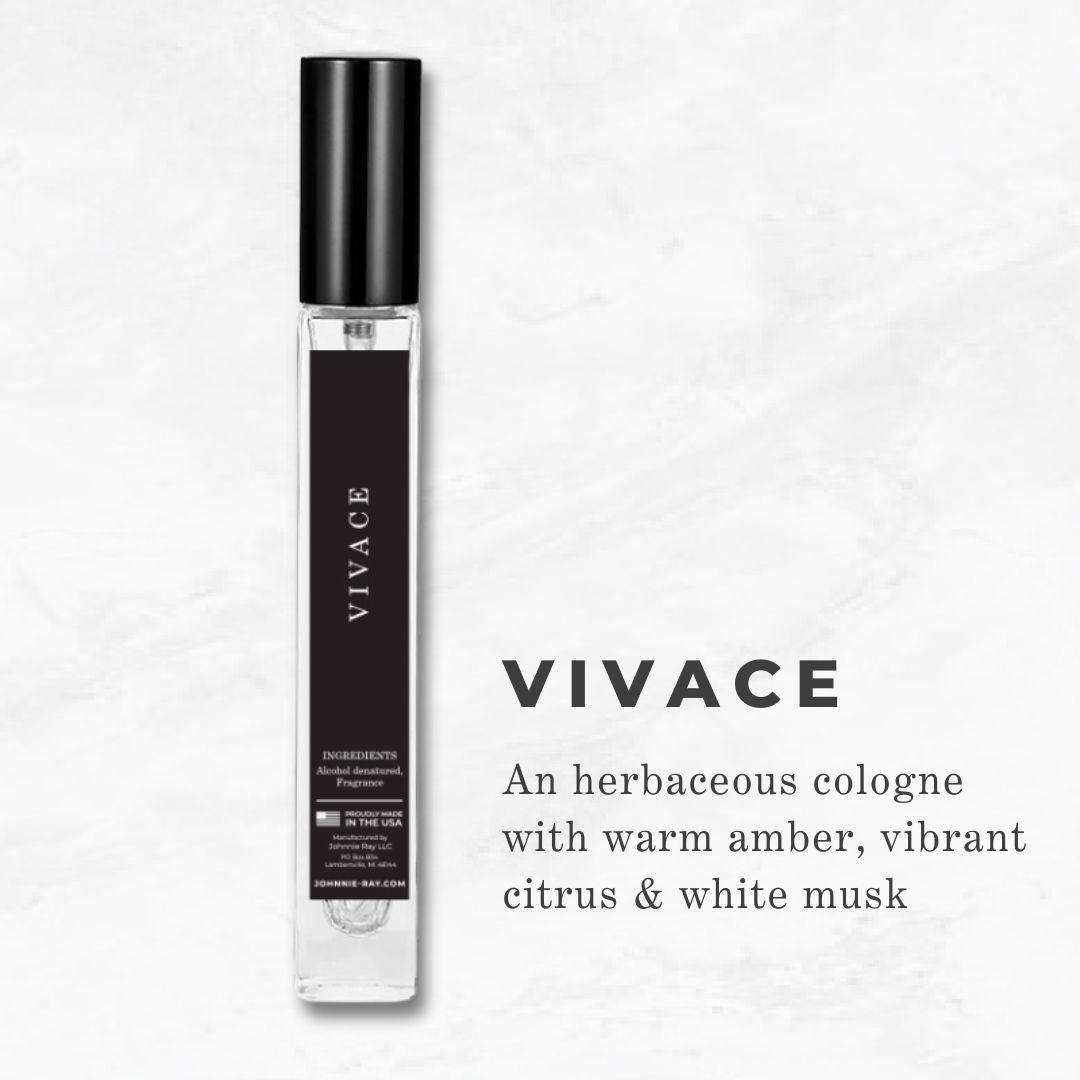 Vivace: An herbaceous cologne with warm amber, vibrant citrus and white musk.