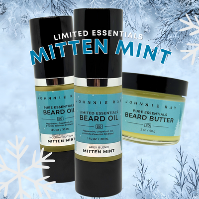 Johnnie Ray beard care products with 'Mitten Mint' scent on a winter-themed background