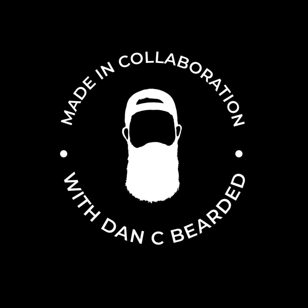 Dan C Beard Icon and text wrapped around a circle path "Made in Collaboration with Dan C Bearded"