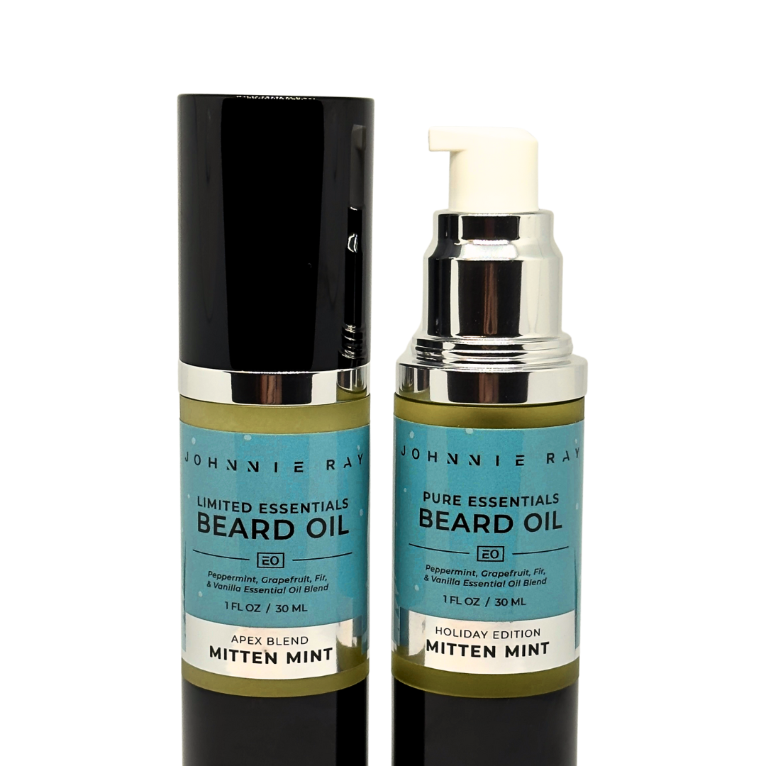 Two bottles of Johnnie Ray beard oil on a white background