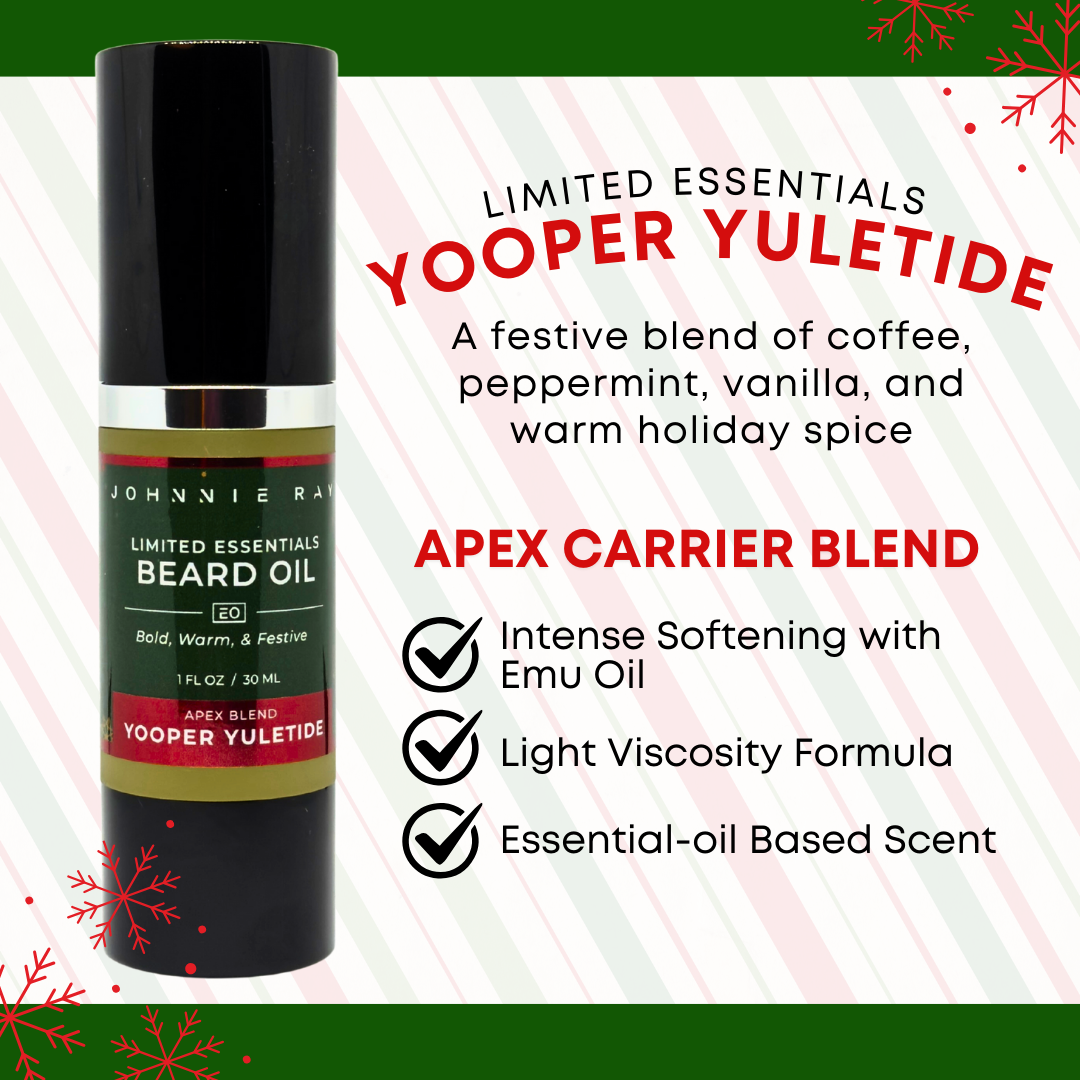 Bottle of Johnnie Ray Apex Blend Yooper Yuletide Beard Oil and beard oil benefits