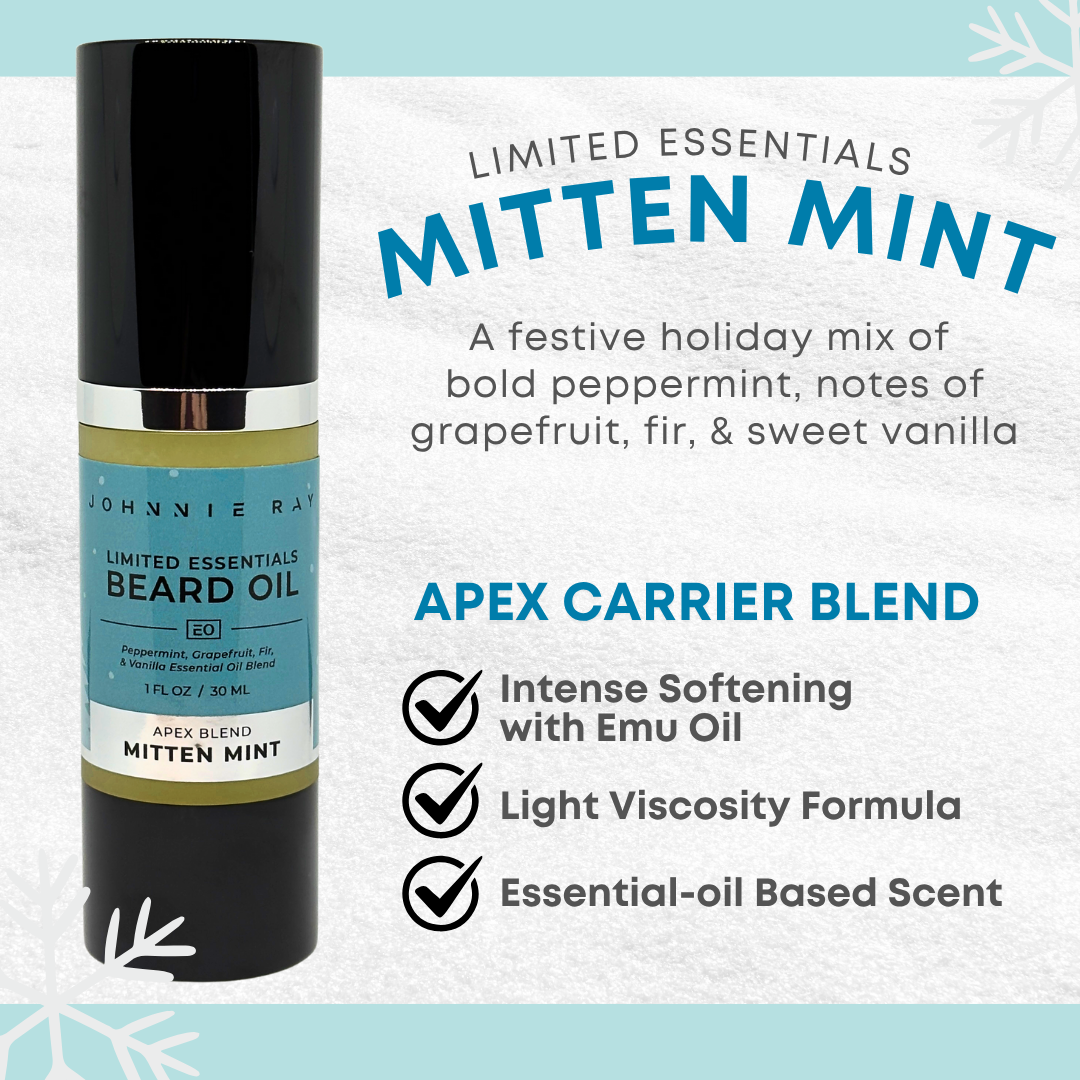 Johnnie Ray Limited Essentials Mitten Mint beard oil with product details on a light blue and white background