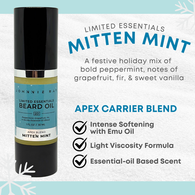 Johnnie Ray Limited Essentials Mitten Mint beard oil with product details on a light blue and white background