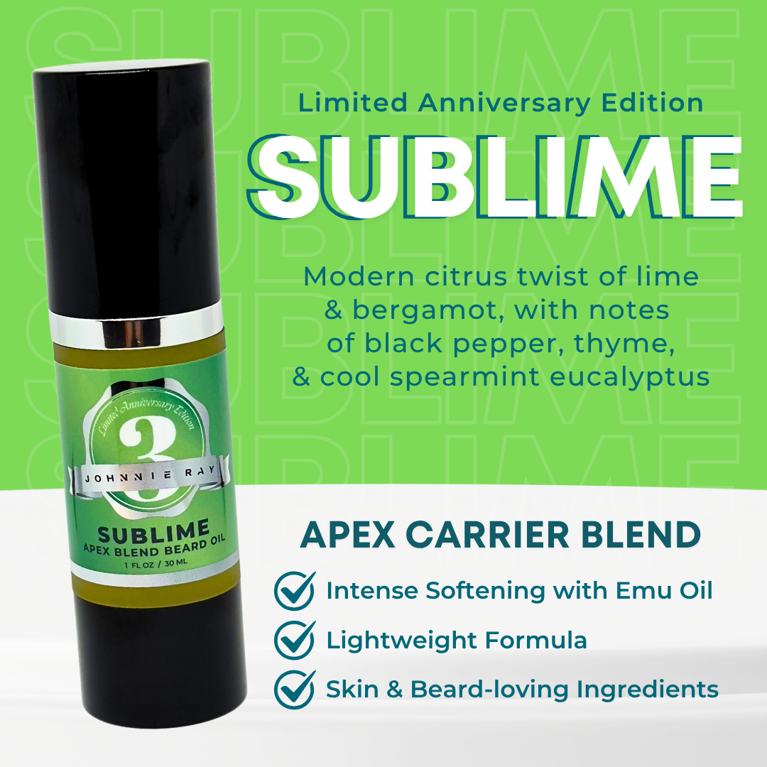Johnnie Ray Sublime Apex Carrier Blend beard oil with product details on a green background