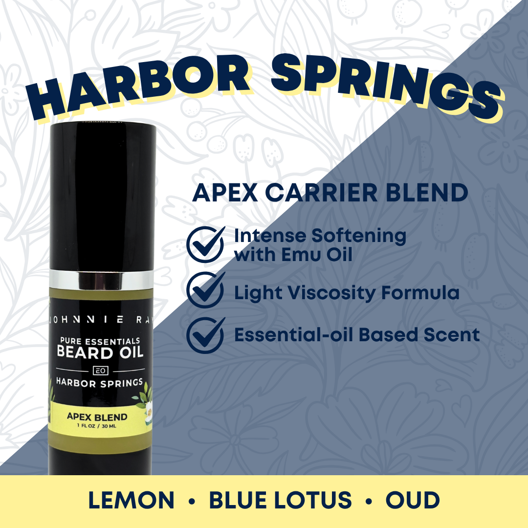 Beard oil bottle with 'Harbor Springs' branding and product features on a patterned background
