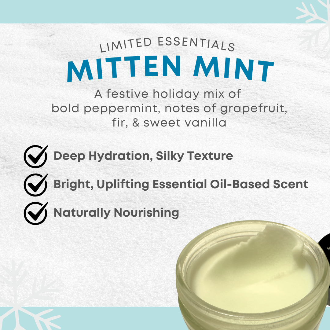 Product packaging with text describing 'Limited Essentials Mitten Mint' on a light blue and white background.