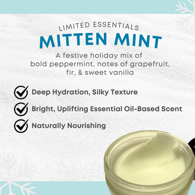 Product packaging with text describing 'Limited Essentials Mitten Mint' on a light blue and white background.