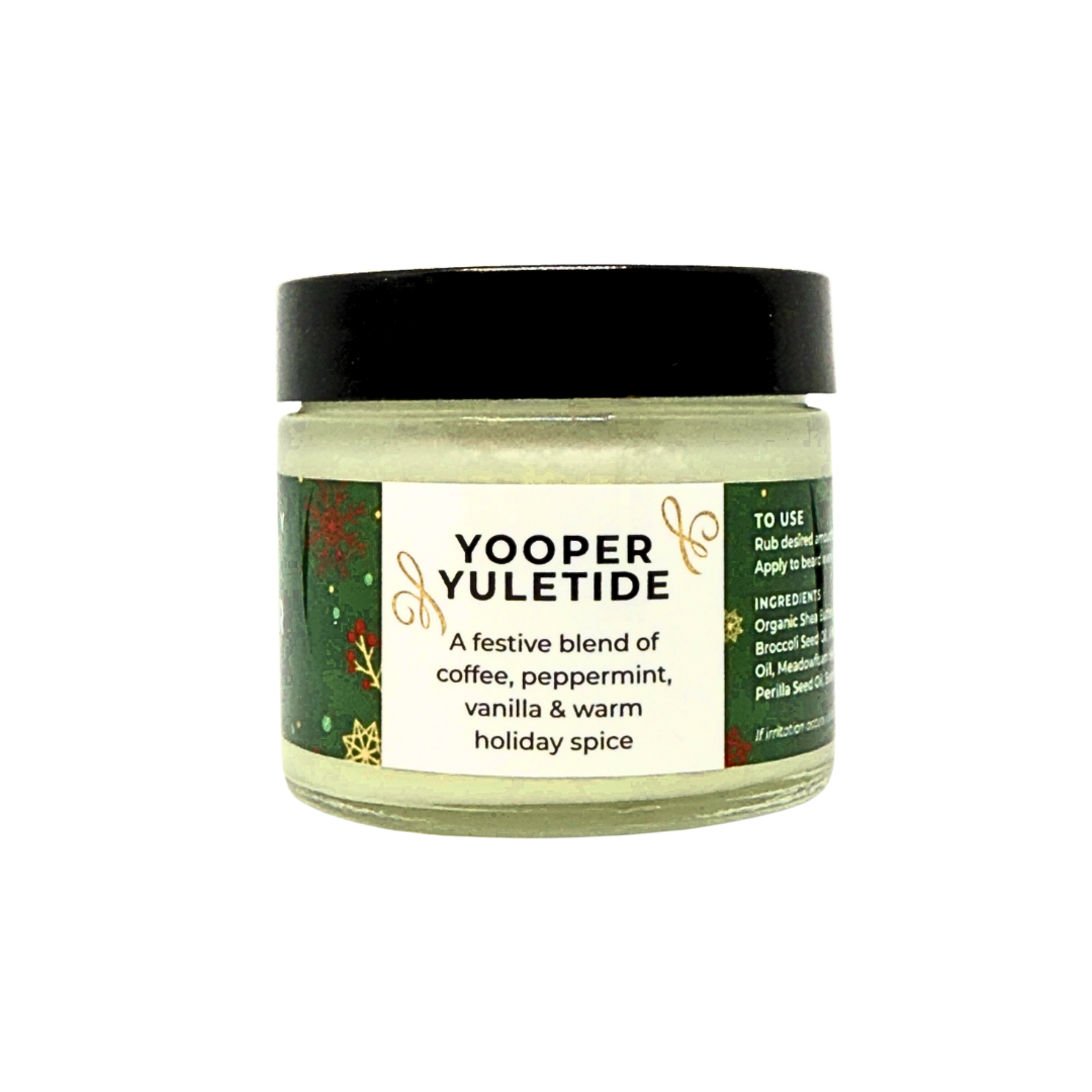Jar of Johnnie Ray Yooper Yuletide Beard Butter showing the scent profile