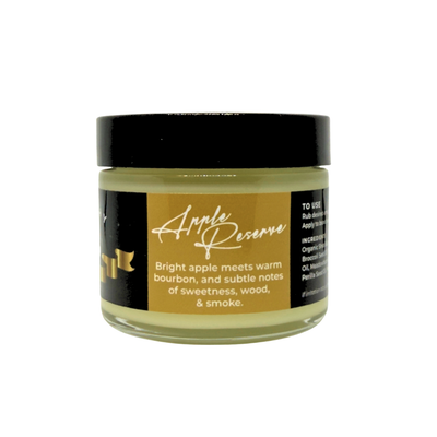 Jar of Johnnie Ray Apple Reserve Beard Butter with label showing scent description.