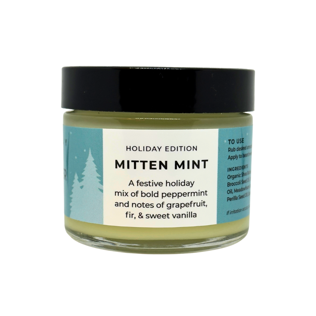 Jar of Mitten Mint with a label on a white background