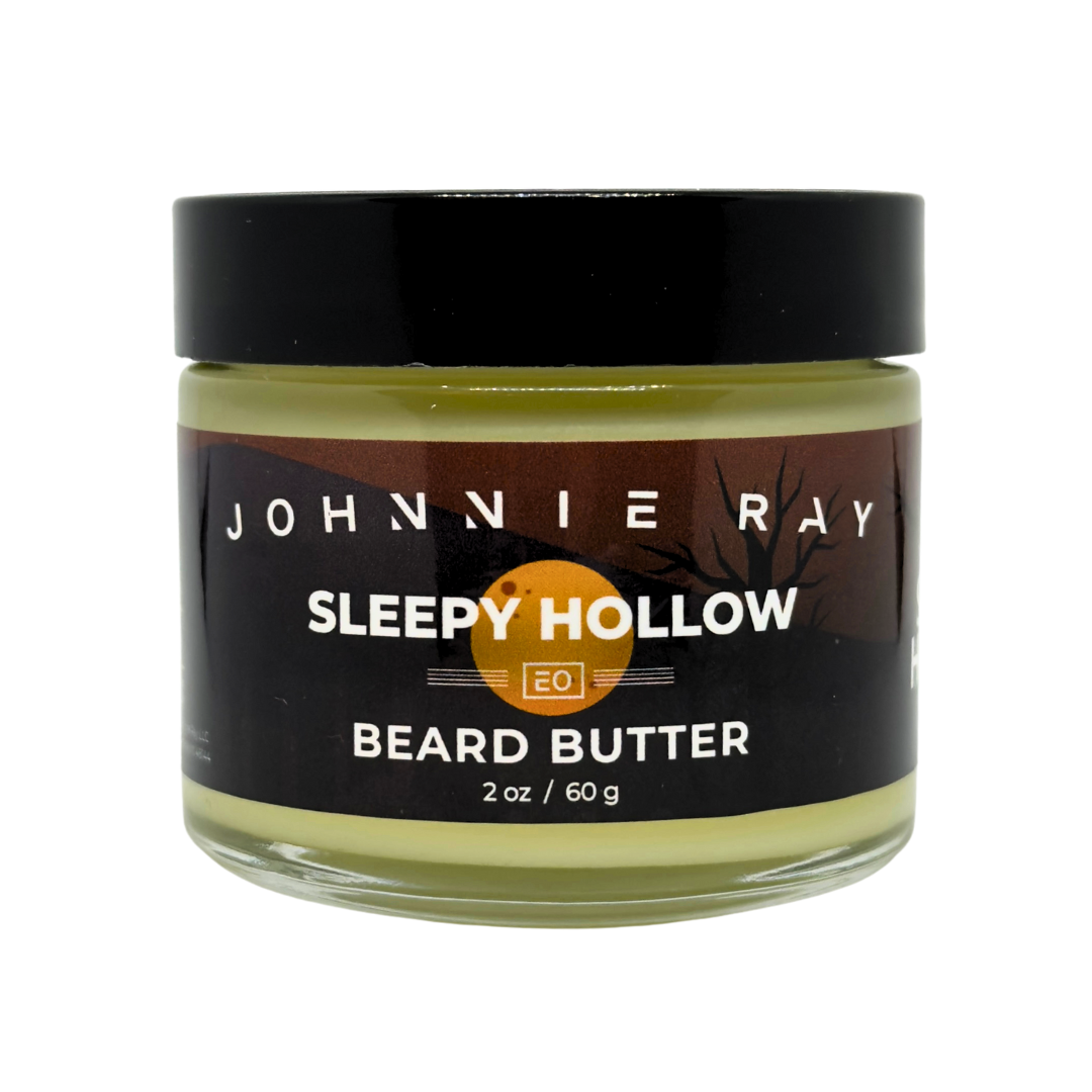Jar of Johnnie Ray Sleepy Hollow beard butter on a white background