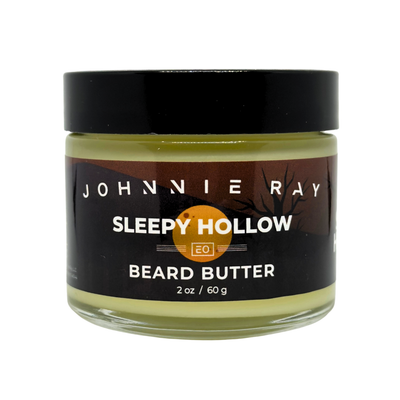 Jar of Johnnie Ray Sleepy Hollow beard butter on a white background