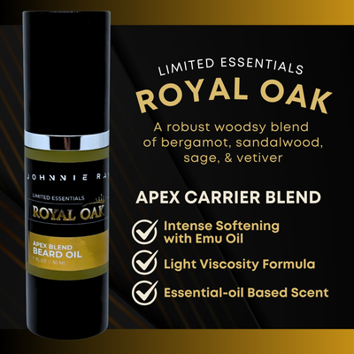 Johnnie Ray Royal Oak Apex Blend Beard Oil with product details on a black and gold background