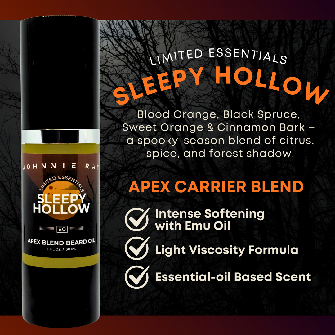 Johnnie Ray Sleepy Hollow Apex Blend Beard Oil with product details on a dark background