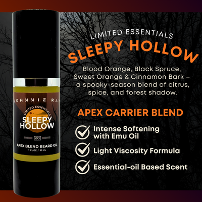 Johnnie Ray Sleepy Hollow Apex Blend Beard Oil with product details on a dark background