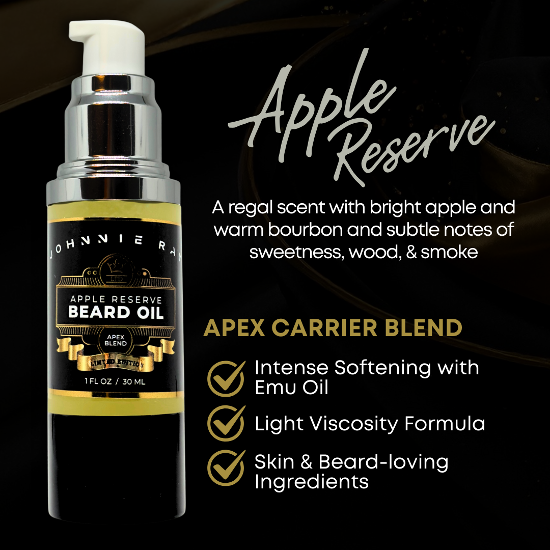 Bottle of Johnnie Ray Apex Blend Apple Reserve Beard Oil with Benefits