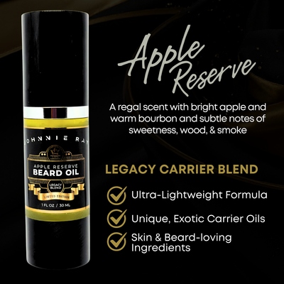 Bottle of Johnnie Ray Legacy Blend Apple Reserve Beard Oil with Benefits