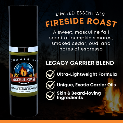 Johnnie Ray Fireside Roast beard oil with product details on a dark background