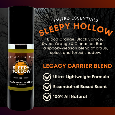 Johnnie Ray Sleepy Hollow Legacy Blend Beard Oil with product details on a dark background