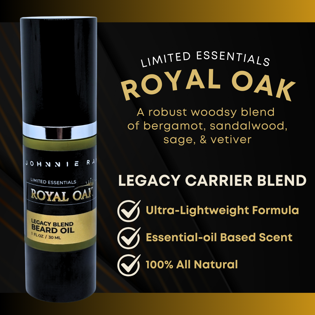Johnnie Ray Royal Oak beard oil bottle with product details on a dark background