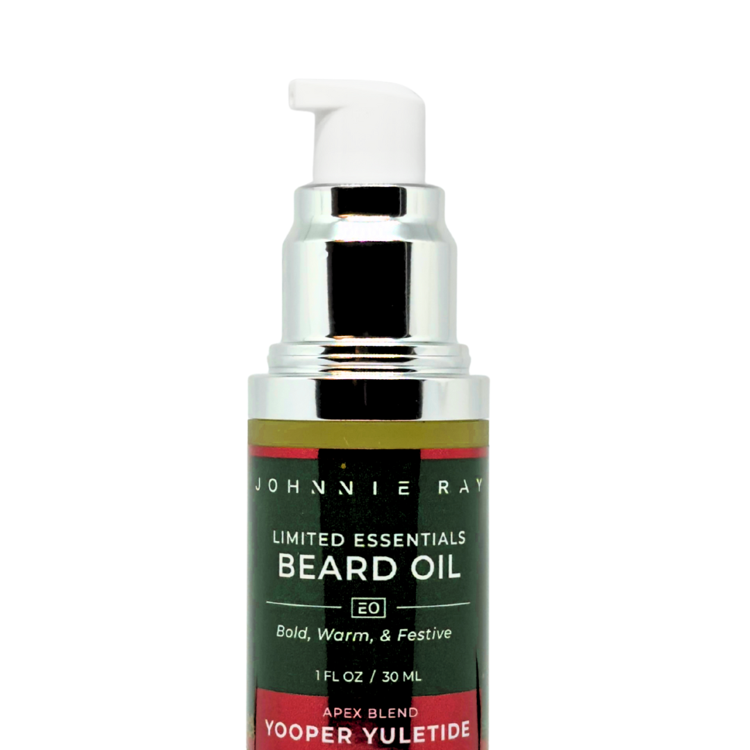 Bottle of Johnnie Ray Apex Blend Yooper Yuletide Beard Oil pump top