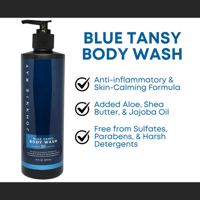 Blue Tansy body wash bottle with features listed on a white background