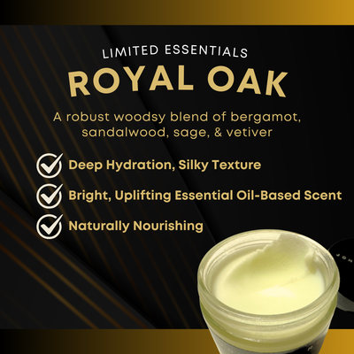 Jar of beard butter with 'Royal Oak' branding and product features on a dark background