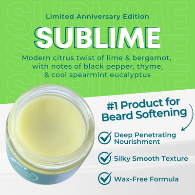 Jar of Sublime beard softening product with green and white background