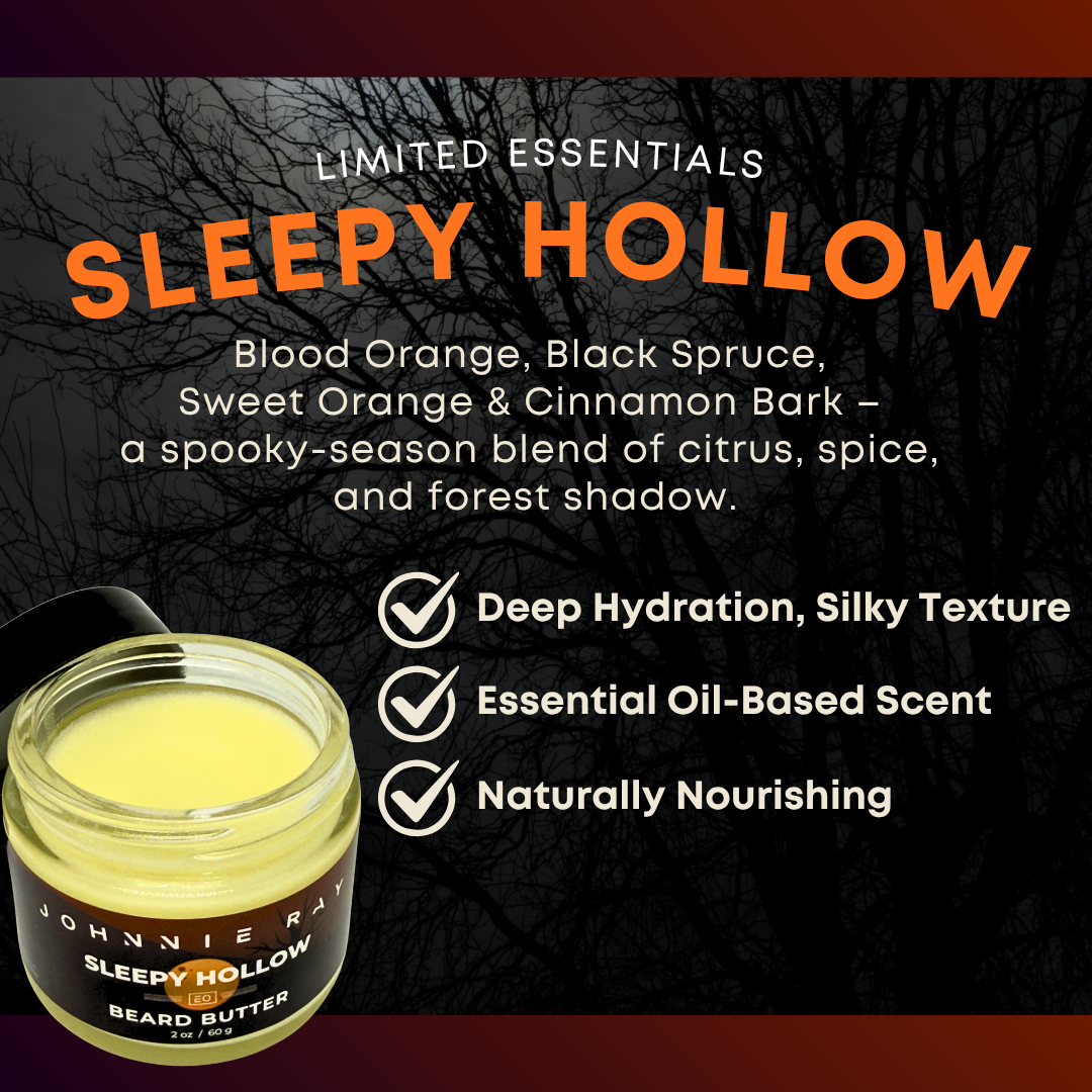 Jar of Johnnie Ray Sleepy Hollow beard butter with product details on a black forest background.