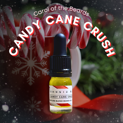Bottle of 'Candy Cane Crush' beard oil with candy canes and a snowflake design in the background.