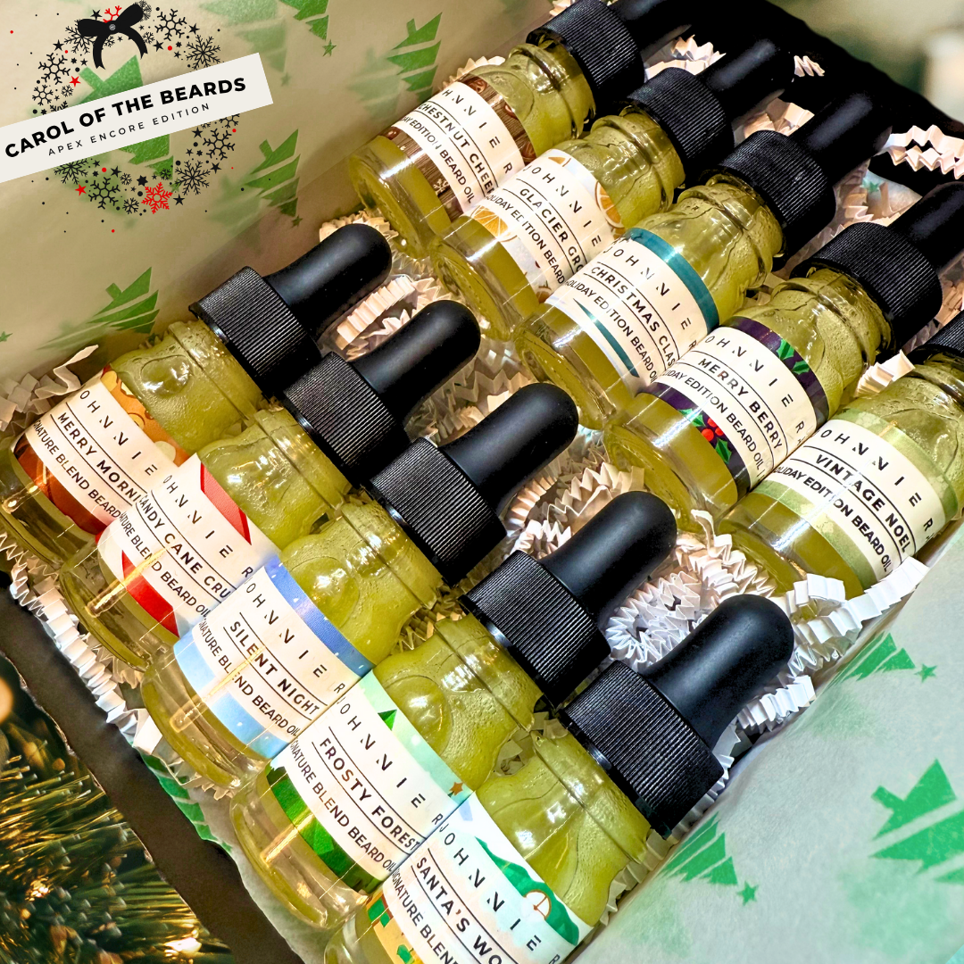 Set of small bottles with droppers and colorful labels on a festive background