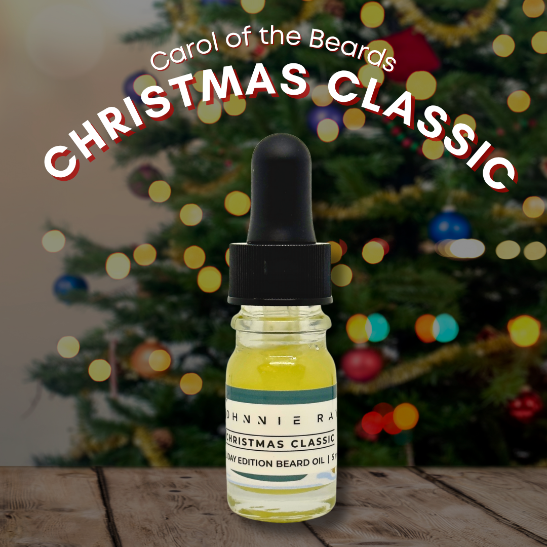 Bottle of Carol of the Beards Christmas Classic beard oil with a Christmas tree in the background