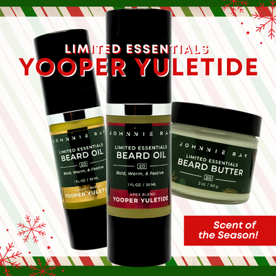Compilation of all three Yooper Yuletide Beard Care products with a festive background