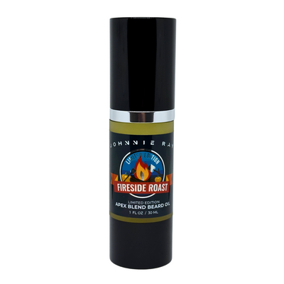 Black bottle of Johnnie Ray Fireside Roast beard oil on a white background