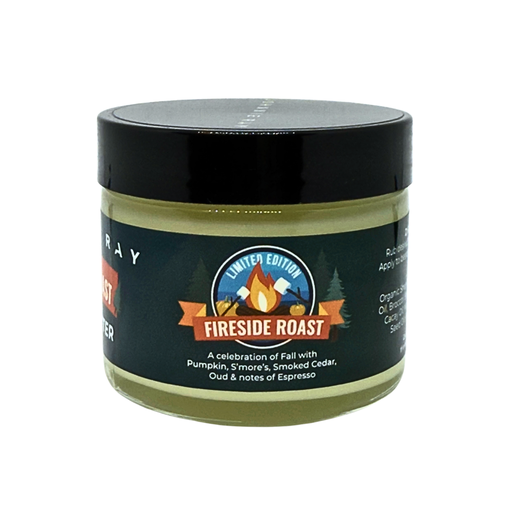 Jar of 'Fireside Roast' beard butter with a label on a white background