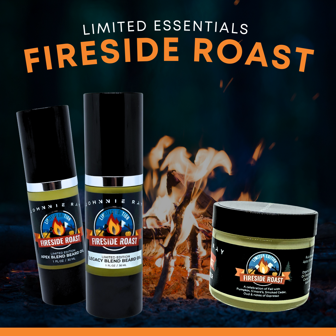 Fireside Roast product line with bottles and a jar on a dark background with flames.
