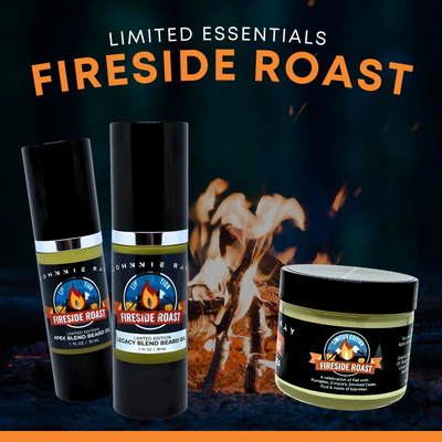 Fireside Roast product line with bottles and a jar on a dark background with flames.