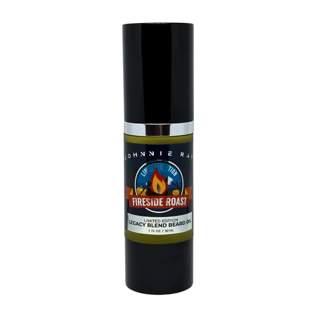Black bottle of Johnnie Ray Fireside Roast Legacy Blend Beard Oil on a white background