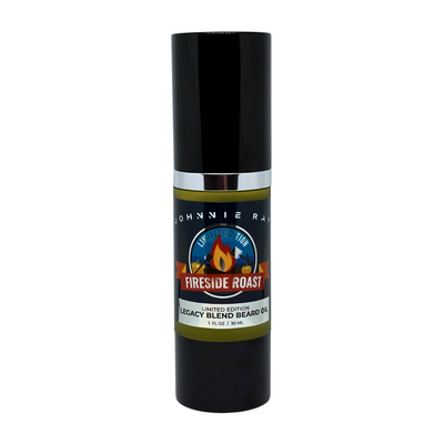 Black bottle of Johnnie Ray Fireside Roast Legacy Blend Beard Oil on a white background