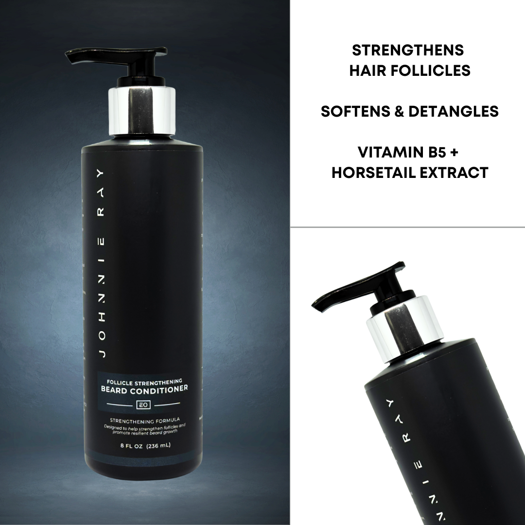 Black beard conditioner bottle with pump on a gradient background, featuring product benefits text.
