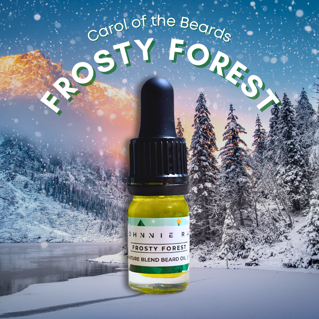 Bottle of 'Frosty Forest' beard oil with a snowy forest background