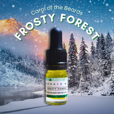Bottle of 'Frosty Forest' beard oil with a snowy forest background