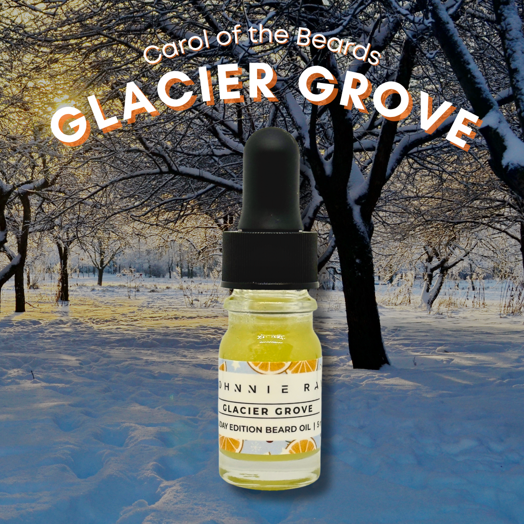 Bottle of Carol of the Beards Glacier Grove beard oil with a snowy background
