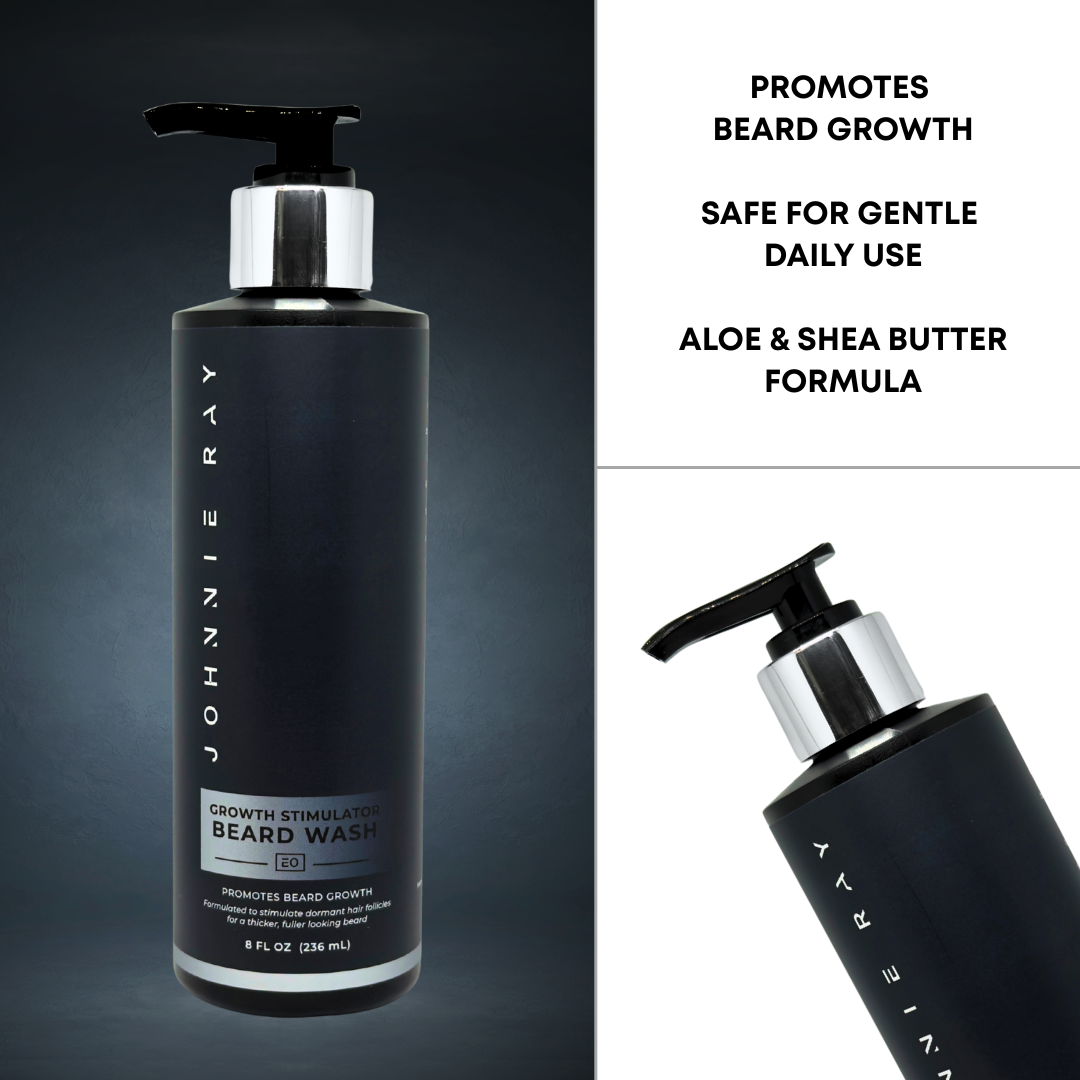 Black bottle of beard growth stimulator wash with pump labeled 'Johnnie Ray' on a dark background
